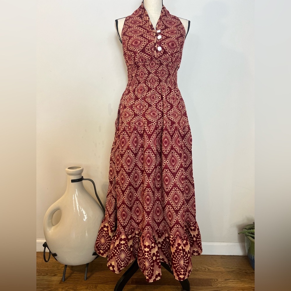 Elegant Burgundy Patterned Maxi Dress